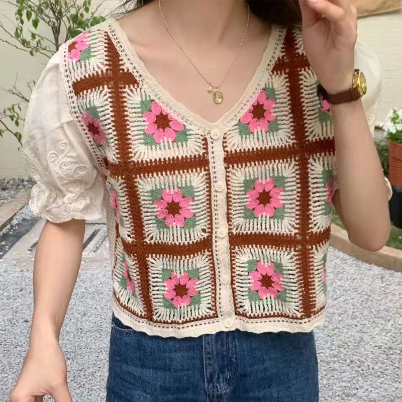 Áo Croptop Tay Phồng Ngắn Cổ Chữ V Thêu Họa Tiết Nhiều Màu Sắc Thời Trang Xinh Xắn Cho Nữ