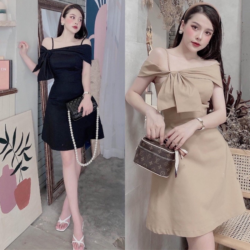 Đầm Dự Tiệc Trễ Vai Phối Nơ Xoè Cao Cấp Size M-L-XL-XXL (ảnh+video thật)