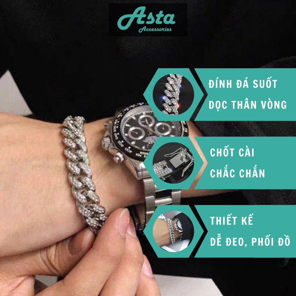 Vòng tay nam nữ thời trang + dây chuyền lắc tay unisex màu bạc Asta Accessories Titan không gỉ - Cuban đá