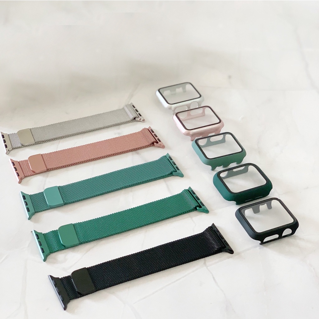 Combo dây thép và Ốp liền kính cường lực cho Apple Watch đồng hồ thông minh iWatch Series1/2/3/4/5/6/SE size 38/40/42/44