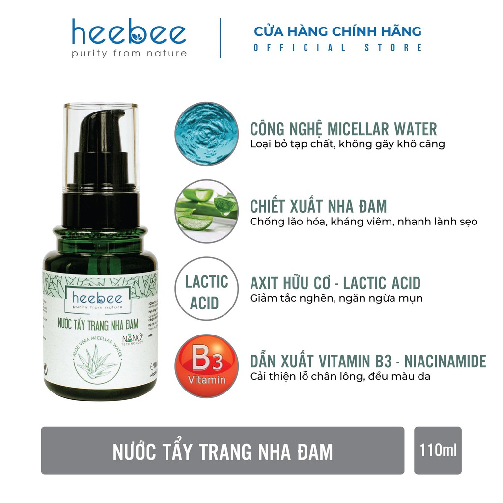 Nước tẩy trang Nha Đam Heebee cho mọi loại da, ngừa mụn, mềm mịn 110ml