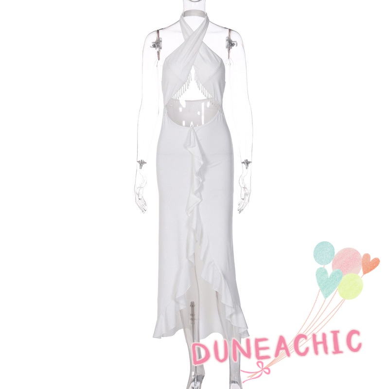 DUNEA Đầm hai dây hở lưng phối tua rua phong cách quyến rũ