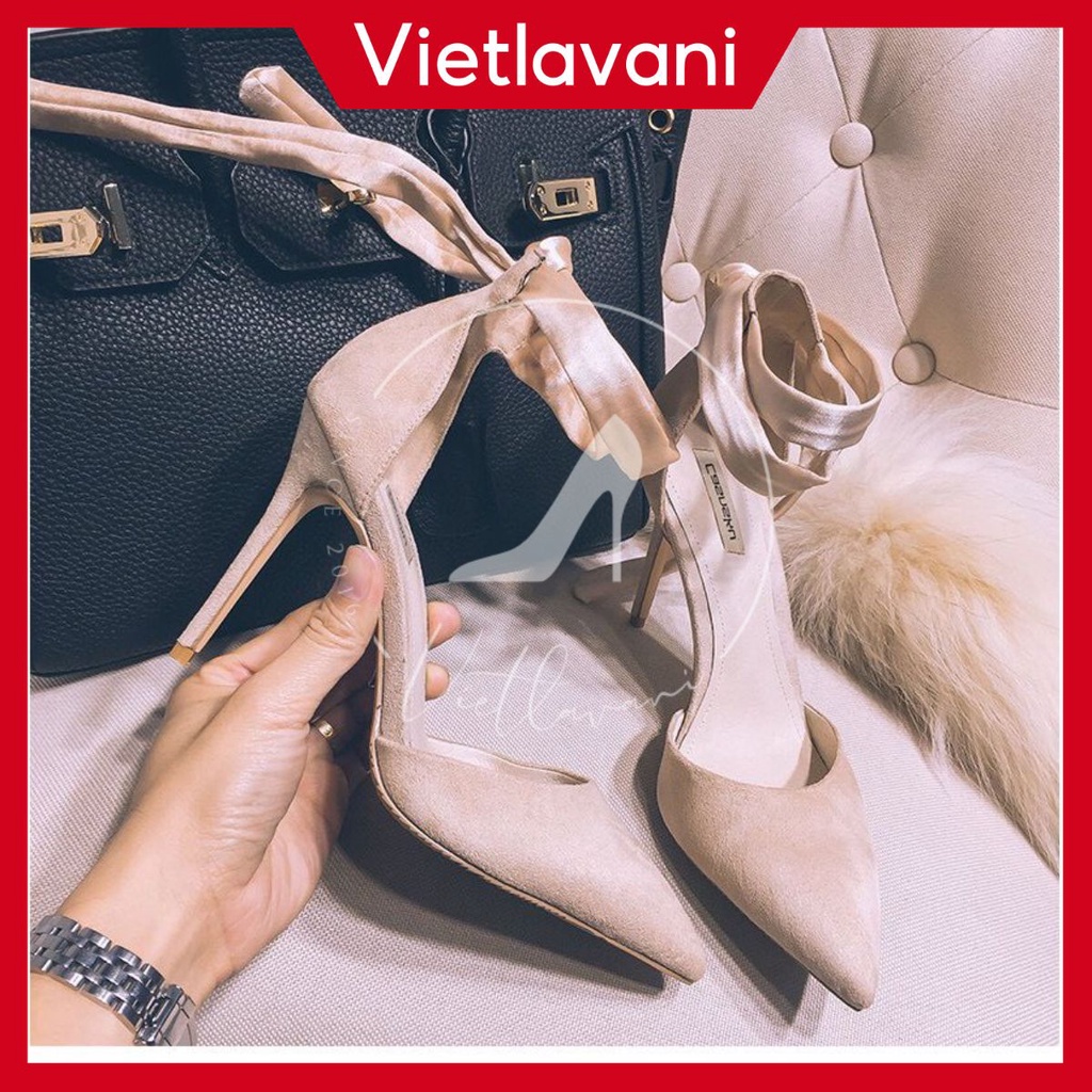 Giày cao gót nữ mã LTC49 mũi nhọn da lộn cao 7cm 2 màu đen và kem