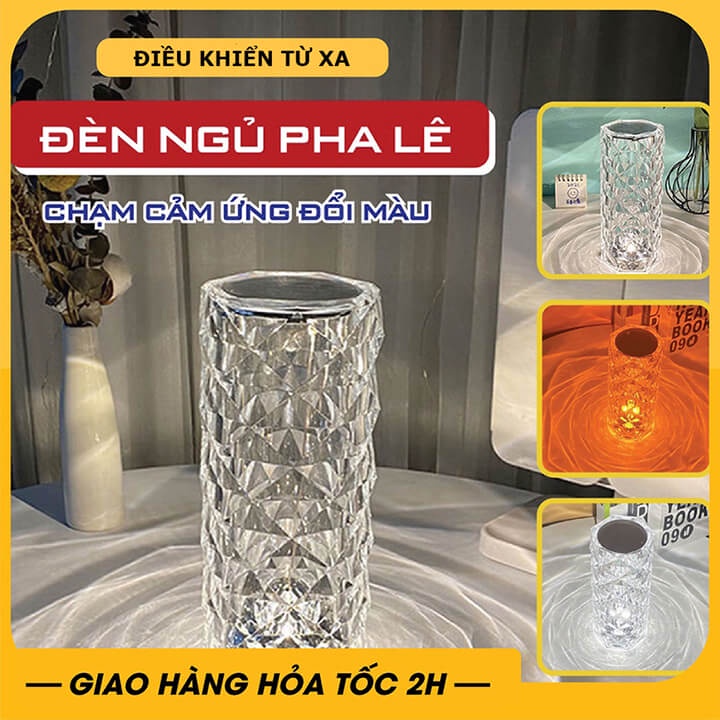 Đèn ngủ pha lê để bàn trang trí Led GRB 16 màu có điều khiển tặng kèm dây sạc USB, đèn bàn decor phòng cảm ứng