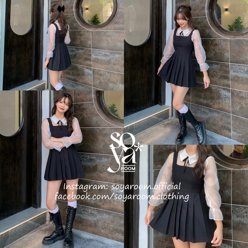 Set yếm phối cùng áo sơ mi - (Cả set gồm yếm + áo + nơ đi kèm)