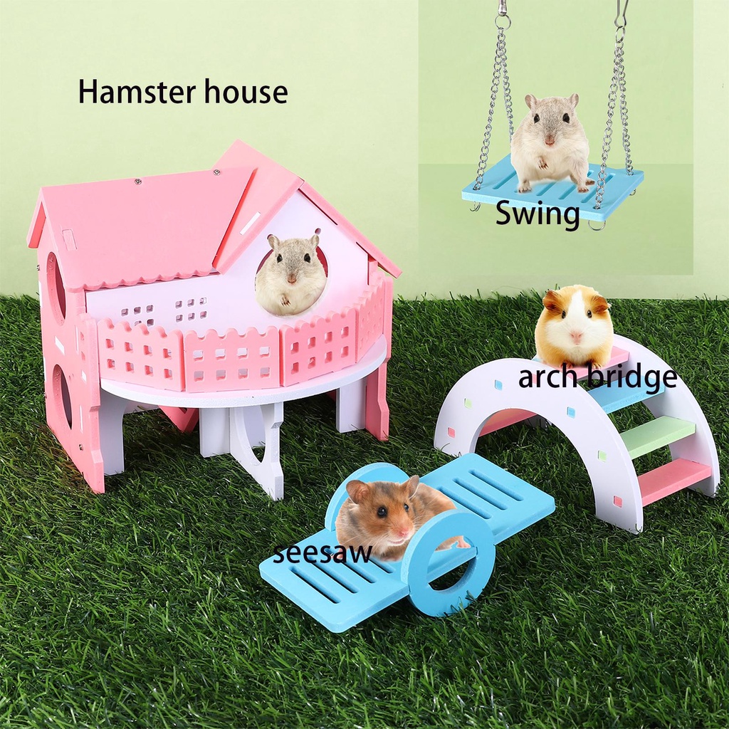LILY 1 Pieces Hamster Toys Set Include Wooden Hamster House, Rainbow Bridge, Hamster Seesaw Toy  Chew Corn for Small Animal Gerbil Hamster