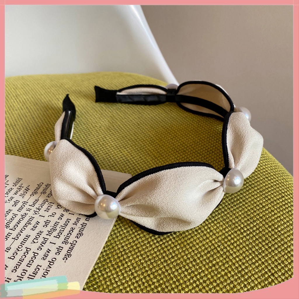 Băng Đô Cài Tóc Bản Rộng Bằng Vải Viền Rộng Đính Ngọc Trai Giả Chống Rơi Phong Cách Hàn Quốc Cho Nữ