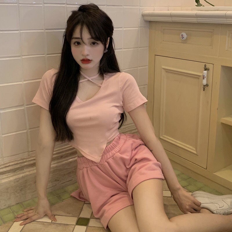 Bộ Áo Thun Hồng + Quần Short Dáng Ôm Thời Trang Mùa Hè Mới Cho Nữ