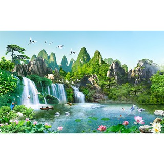 Tranh dán tường 3D thác nước - vải lụa phủ kim sa
