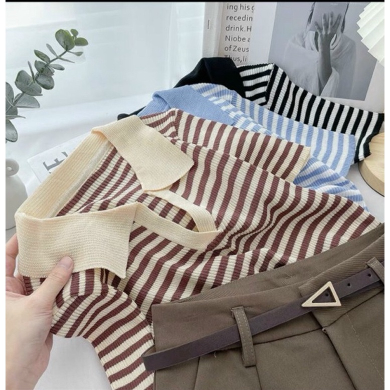 Áo len cộc tay cổ polo xẻ V phong cách trẻ trung ,freesize