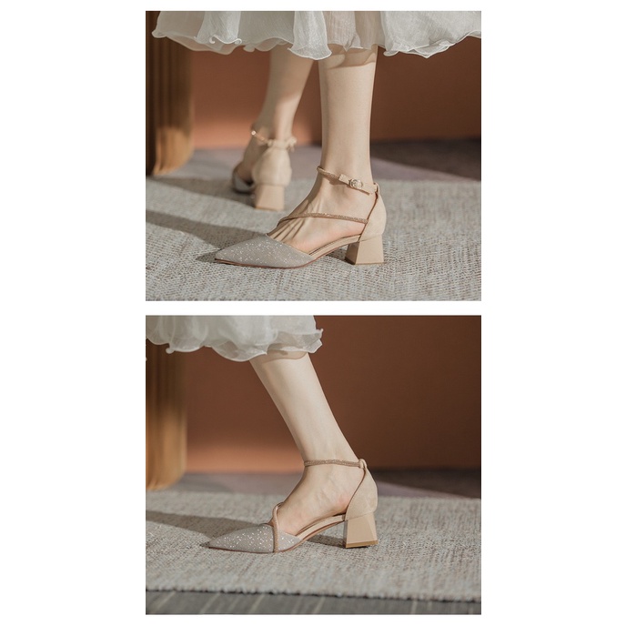 Giày sandal cao gót mũi nhọn đính đá gót vuông phong cách Hàn Quốc (782)