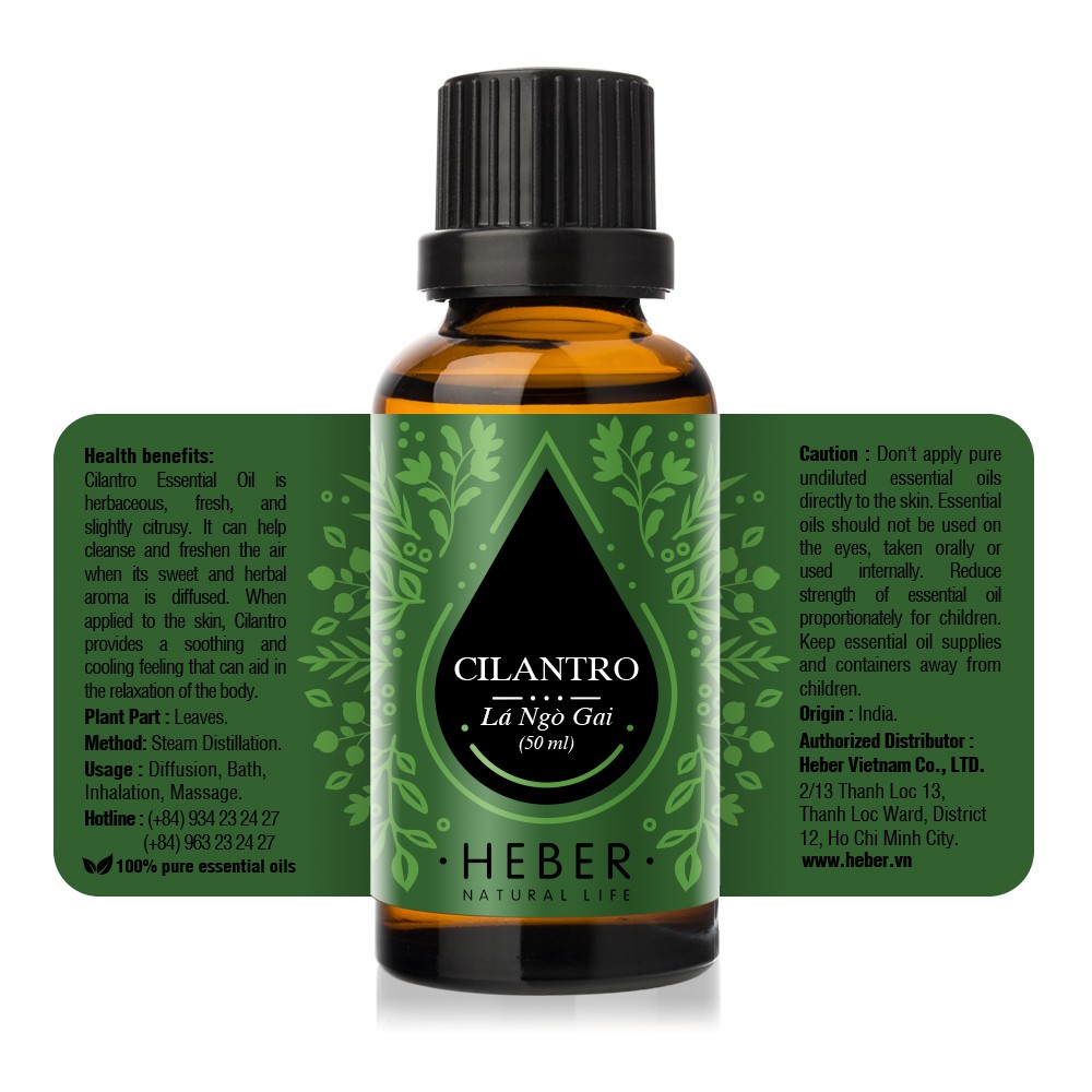 Tinh Dầu Mùi Già (Lá Ngò Gai) Heber- Cilantro Essential Oil, Cao Cấp Nhập Khẩu, Thiên Nhiên Nguyên Chất, 10ml/30ml/50ml