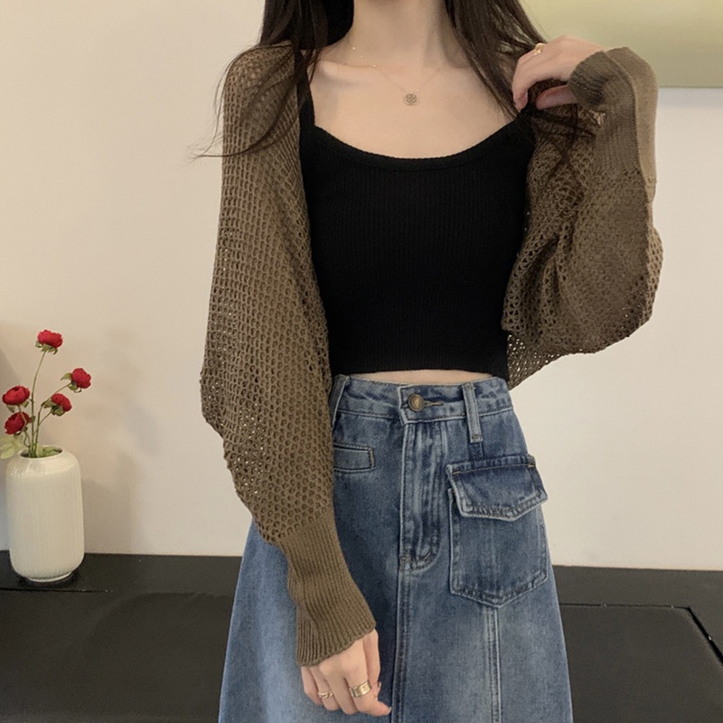 Áo Cardigan Dệt Kim Tay Dài Dáng Rộng Màu Trơn Khoét Lỗ Trước Ngực Cho Nữ