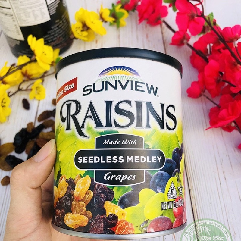 Nho Khô Raisins - Nho Sấy Sunview 3 màu mix vị thập cẩm [hàng chuẩn chính hãng MỸ bao test] hộp lớn 425gr NSX mới nhất