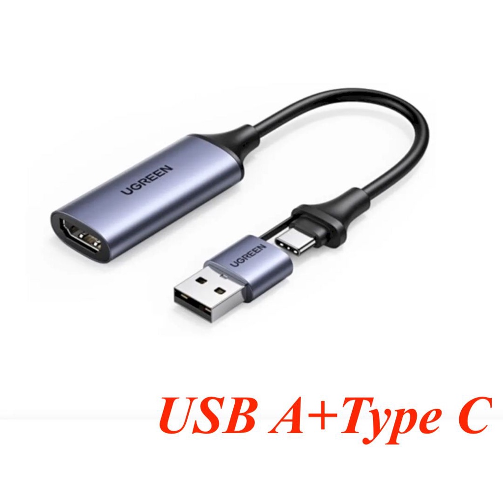 Cáp chuyển USB + USB-C sang HDMI âm dùng ghi hình Livestream Capture Ugreen 40189 dài 15CM 4K 60Hz HD 1080P CM489