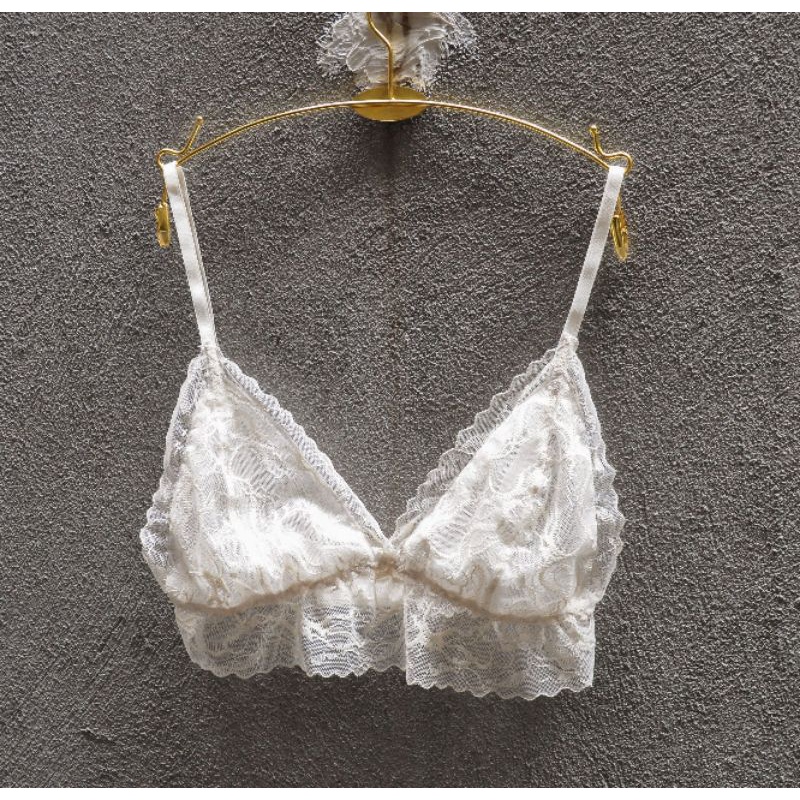 [BRA007] Set bralete ren không gọng, quần cánh tiên, màu kem nhét mút [TẶNG KÈM MÚT]