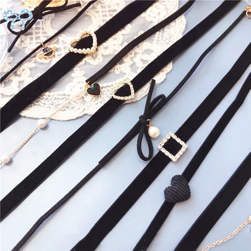Vòng Cổ choker Dây Nhung Đen Đính Hạt Ngọc Trai Phong Cách Hàn Quốc