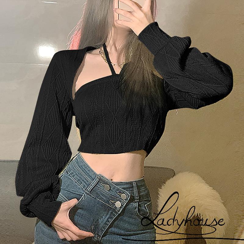 Set áo croptop dệt kim không tay và áo tay dài màu trơn thời trang cho nữ