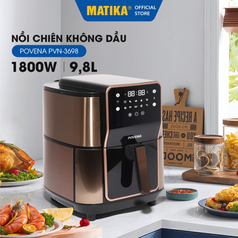 [Mã BMBAU300 giảm 10% đơn 499K] [Mã ELHADEV giảm 4% đơn 300K] Nồi Chiên Không Dầu Điện Tử POVENA dung tích 9.8L PVN-3698