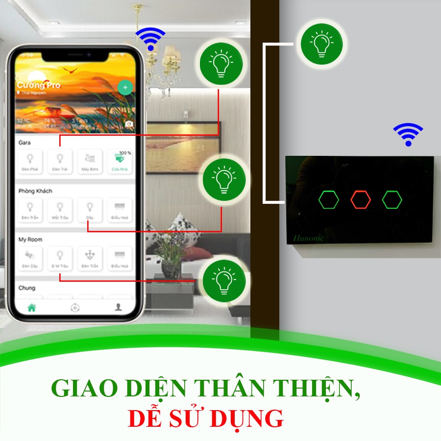 CÔNG TẮC CẢM ỨNG THÔNG MINH HUNONIC 3 NÚT ĐEN│Công tắc wifi điều khiển từ xa bằng điện thoại│Đế âm chữ nhật dễ lắp đặt