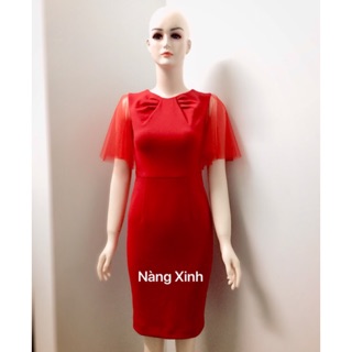 Đầm ôm xếp ply cổ, tay phối lưới