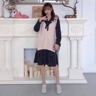 Sét váy len váy chấm bi cổ nơ / gile