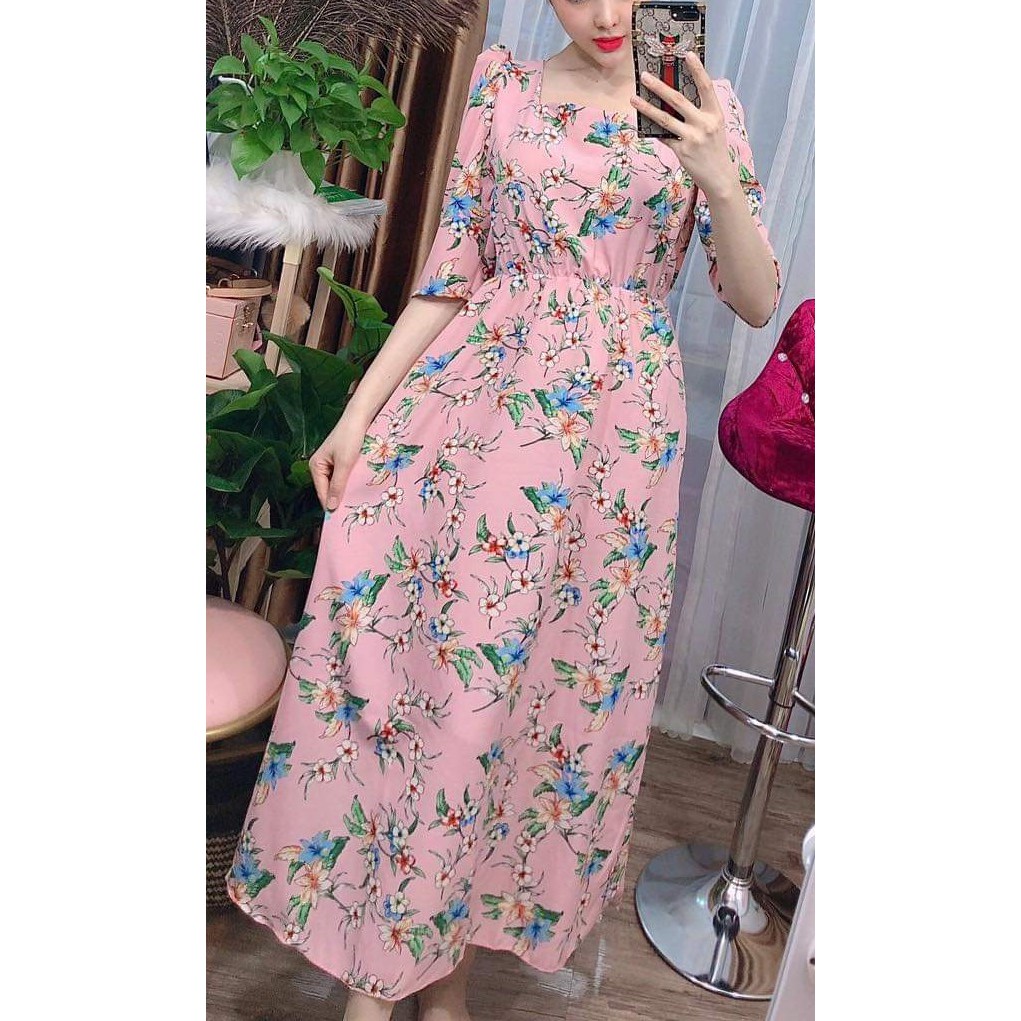 [Đầm Maxi] Tiểu Thư lụa cổ vuông tay phồng - Freesize đến 70kg