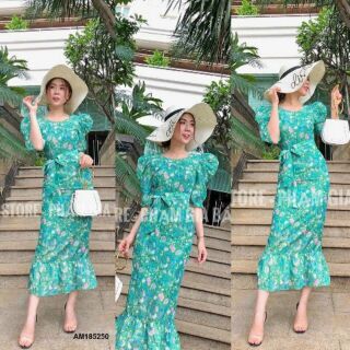 Đầm maxi in hoa nhí tay phồng