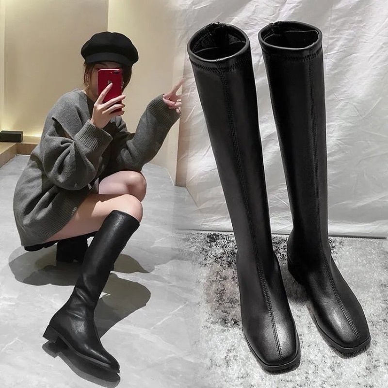 Giày bốt đùi nữ chất da boots đầu gối đế gót 3 phân khoá kéo boost dài martins màu đen sang chảnh Hàn Quốc ulzzang