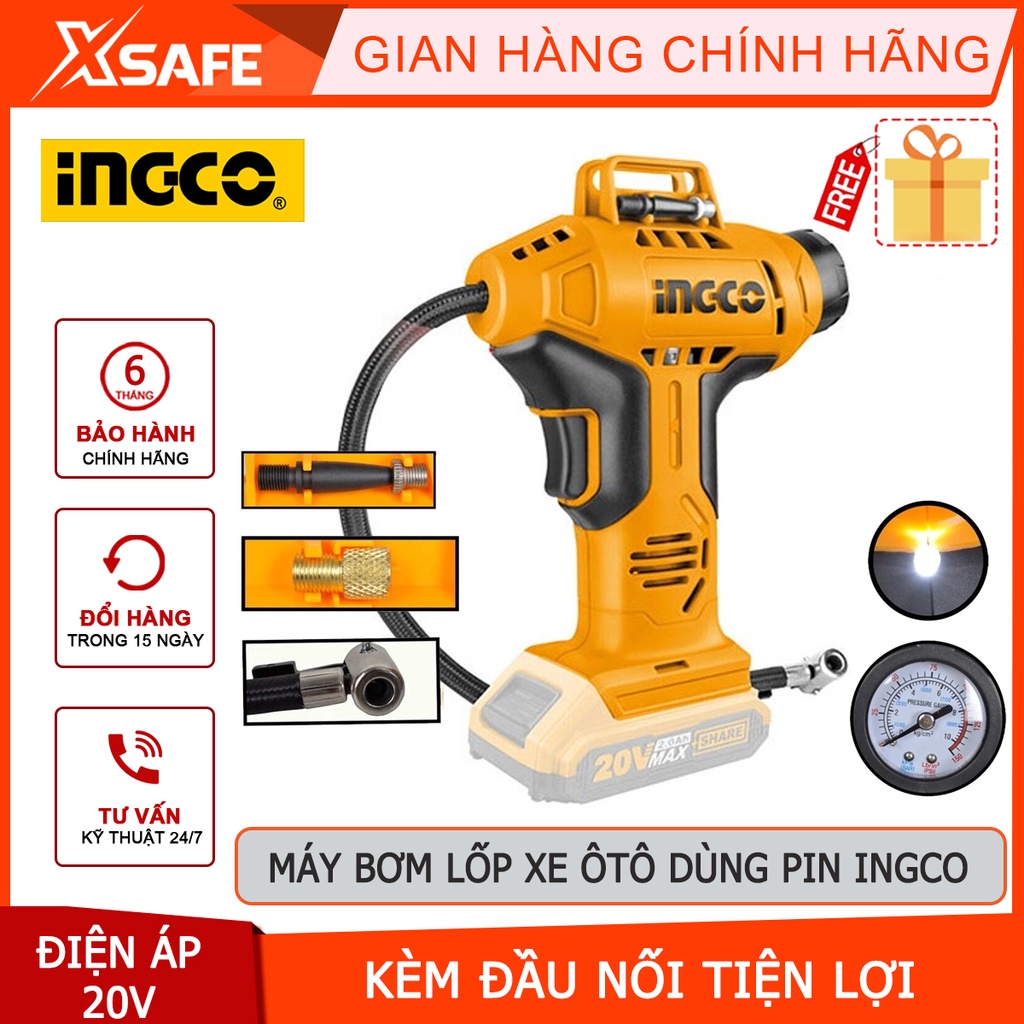 Máy bơm lốp xe ô tô dùng pin INGCO CACLI2001 20V kèm 1 đầu nối tròn, 1 đầu nối bơm lốp xe (Không bao gồm pin và sạc)