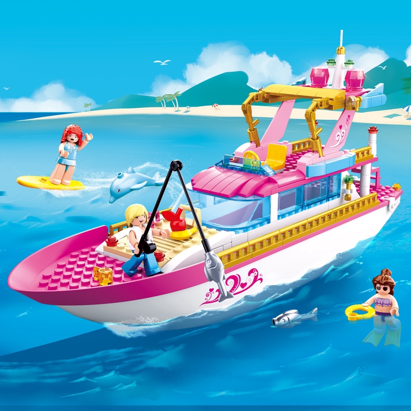 Compatible with Lego Sluban Pink Dream Dolphin Bay Swimming Beach Shop Sapphire Castle Villa Yacht Girl Assembled Building Blocks Toy 0600