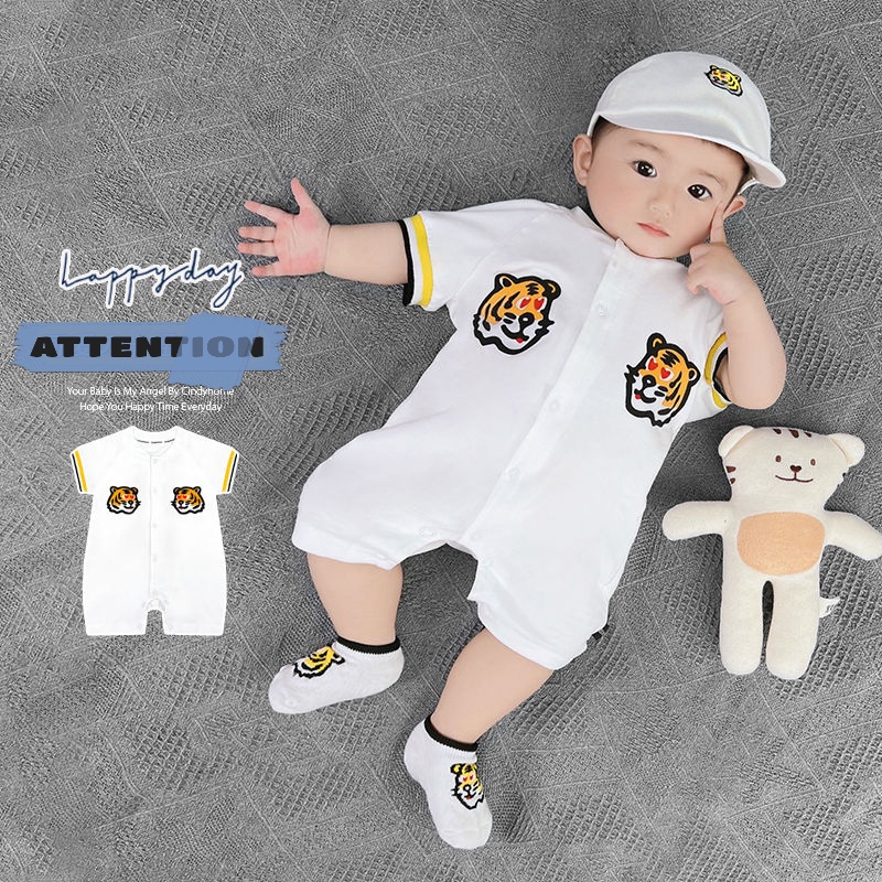 Bộ Áo Liền Quần Tay Ngắn Liền Quần Vải Cotton Mỏng In Hoạt Hình Kèm Mũ Thời Trang Mùa Hè Cho Bé
