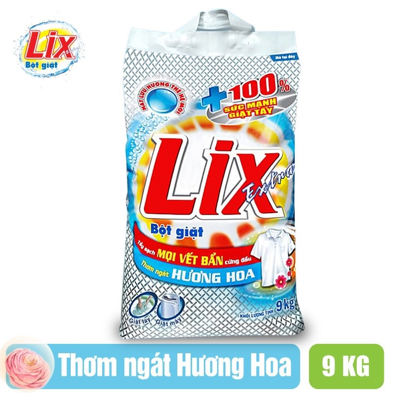 Bột giặt Lix Extra hương hoa 9Kg EB010 siêu làm trắng quần áo tăng gấp đôi sức mạnh lưu hương lâu cho giặt tay và máy