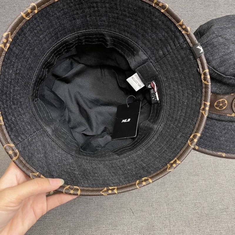 Non bucket nam nữ, bo cụp jeans mềm, viền da in logo L unisex