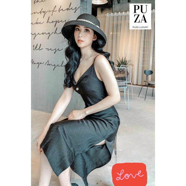 Váy thiết kế cao cấp. Váy form ôm body 2 dây chất Lụa thiết kế hở lưng đính ngọc ngực - puzaluxury