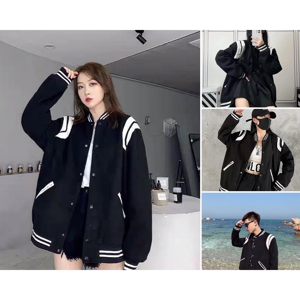 Áo Jacket Nỉ Vai Phối Da Unisex Cao Cấp, Áo Khoác Nam Nữ Dáng Rộng Phối Sọc Cao Cấp