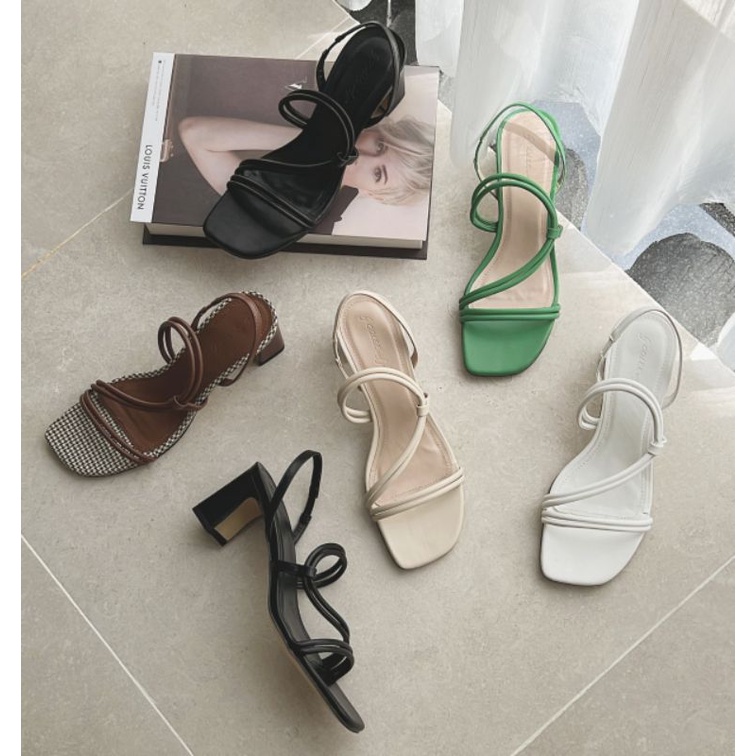 Dép Sandal cao gót phối dây mảnh gót vuông cao 6cm (form nhỏ)