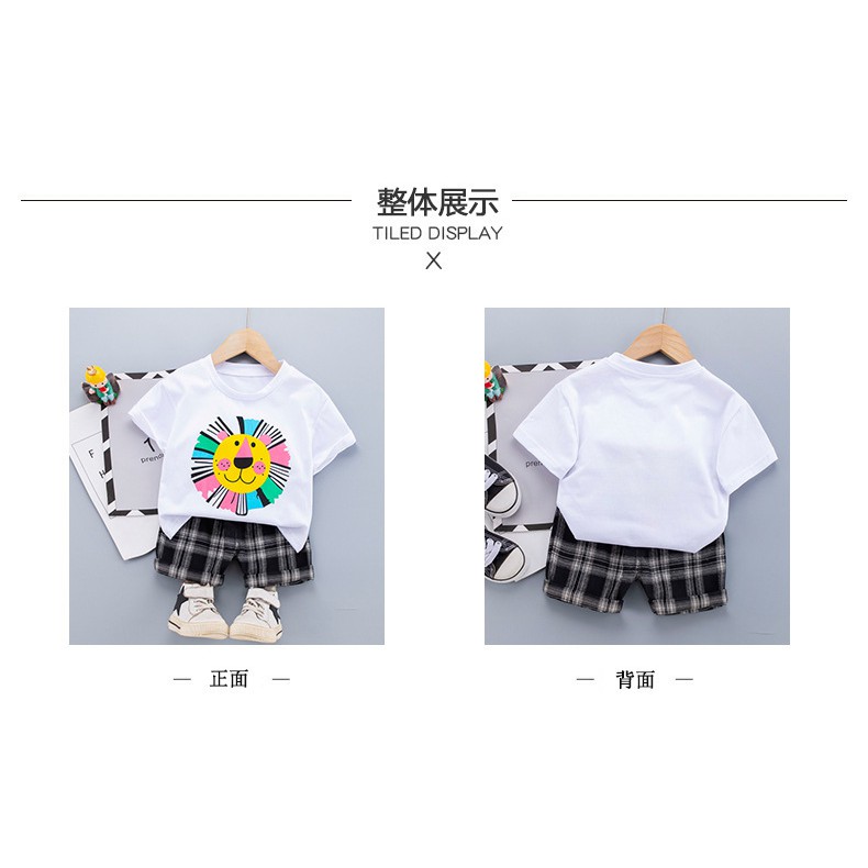 Set Áo Thun Bé Trai Áo Phông Bé Trai Áo Thun Cotton Trẻ Em Hình Sư Tử Quần Caro Cho Bé Trai Size Từ 1 - 4 Tuổi-S1150