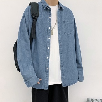 Áo sơ mi jean nam form rộng dài tay màu xanh phong cách Hàn Quốc PON.MENS