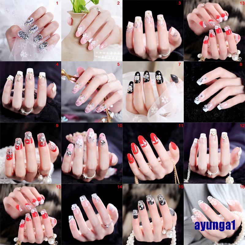 [Hàng mới về] Bộ 24 móng tay giả màu trong suốt trang trí hoa xinh xắn thích hợp cho cô dâu diy