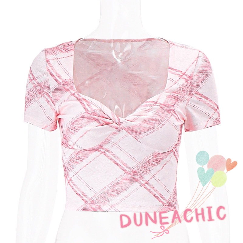 DUNEA Áo Croptop Tay Ngắn Cổ Chữ V Thắt Nút Họa Tiết Sọc Caro Phong Cách Quyến Rũ