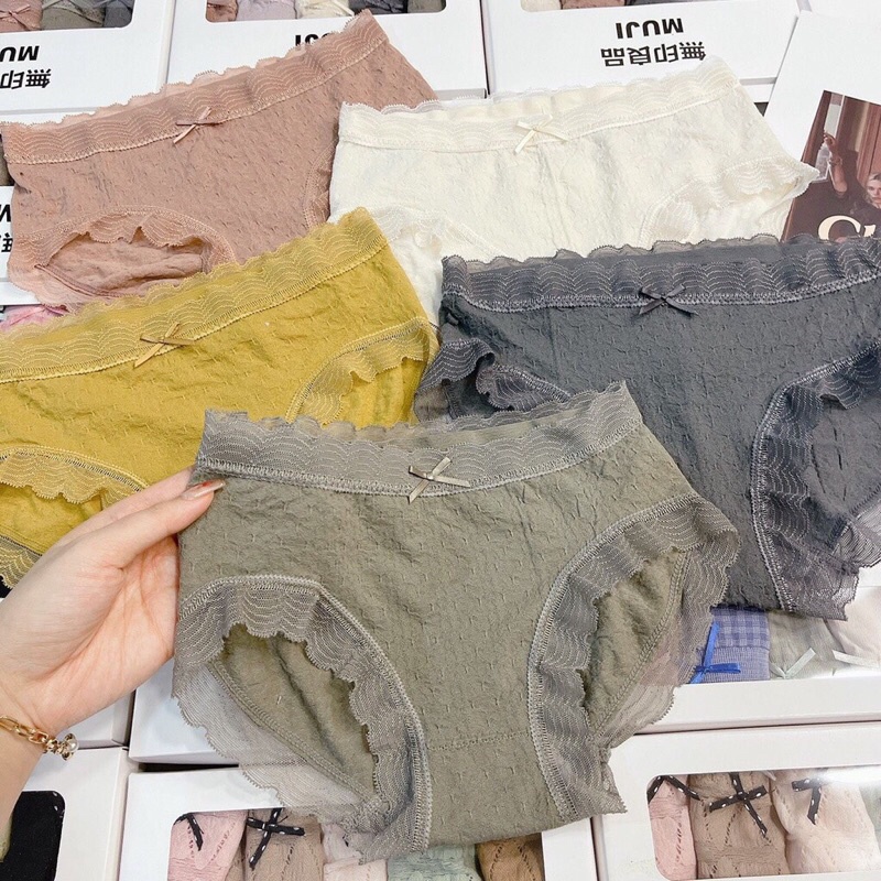 Hộp 5 quần lót cotton nhăn rum đính nơ viền ren 021