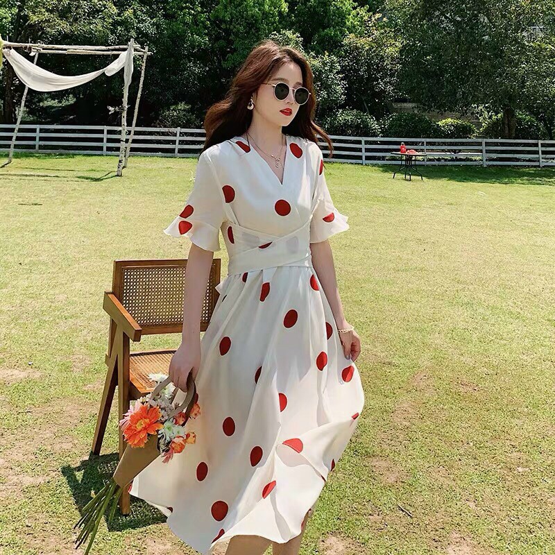 Váy ulzzang🌸FREESHIP🌸 Đầm ulzzang đầm maxi trắng họa tiết chấm bi có thắt eo dễ thương nữ tính | BigBuy360 - bigbuy360.vn