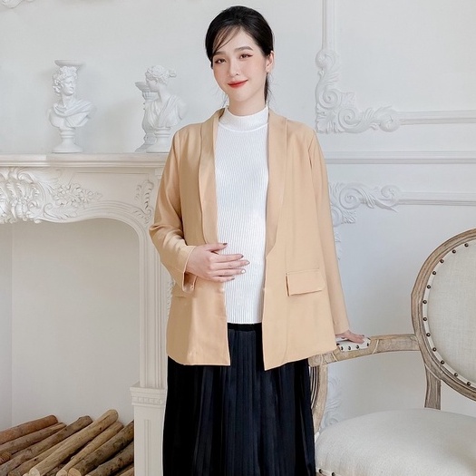 MEDYLA - Áo khoác bầu blazer nâu phối cổ tay trắng 2 lớp tuyết mưa sang chảnh - ADK012