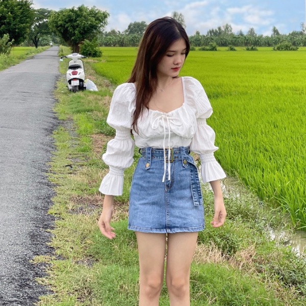 Áo kiểu tay dài cổ vuông cột nơ, áo trễ vai tay bồng ,áo bánh bèo babydoll chất đũi mềm siêu xinh PLA39