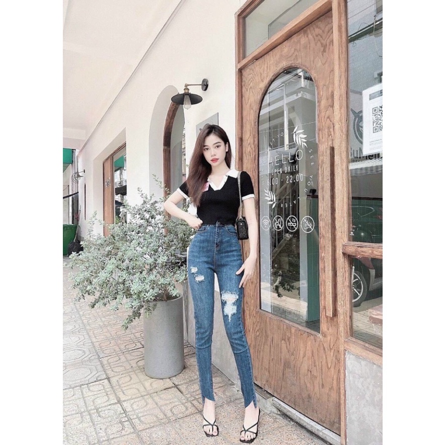 Quần jean nữ dài lưng cao from ôm rách hai phía chất bò kéo giãn tốt nâng vòng ba