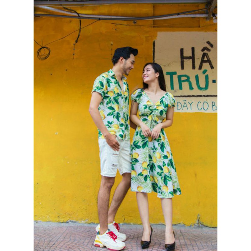 Set đôi hoa quả, áo váy đi biển chất tơ đũi