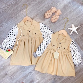 ĐẦM KAKI PHỐI TAY CHẤM BI CHO BÉ GÁI