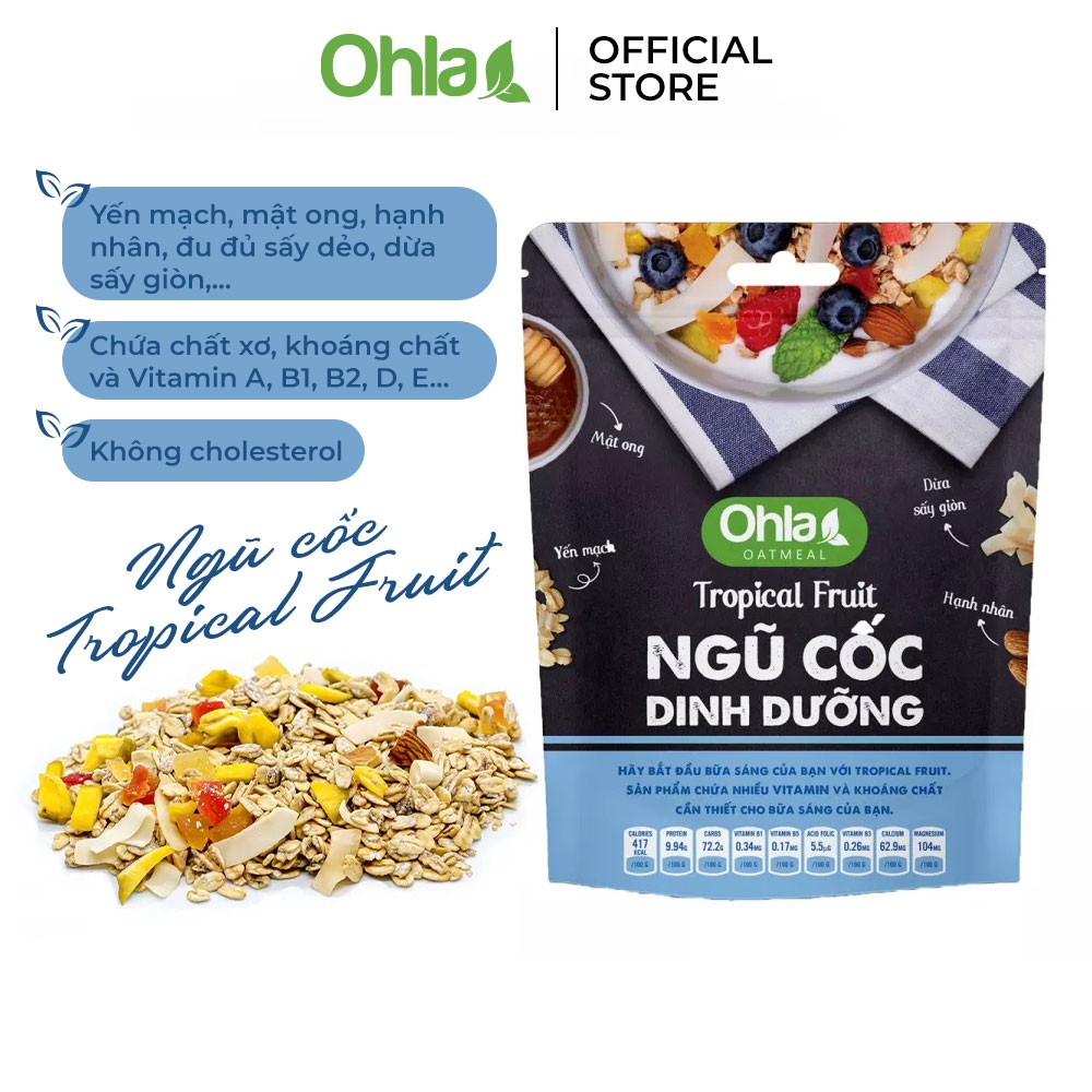 Ngũ Cốc Dinh Dưỡng Tropical Fruit Ohla, yến mạch, hạnh nhân, đu đủ sấy dẻo, dừa sấy giòn (180g)