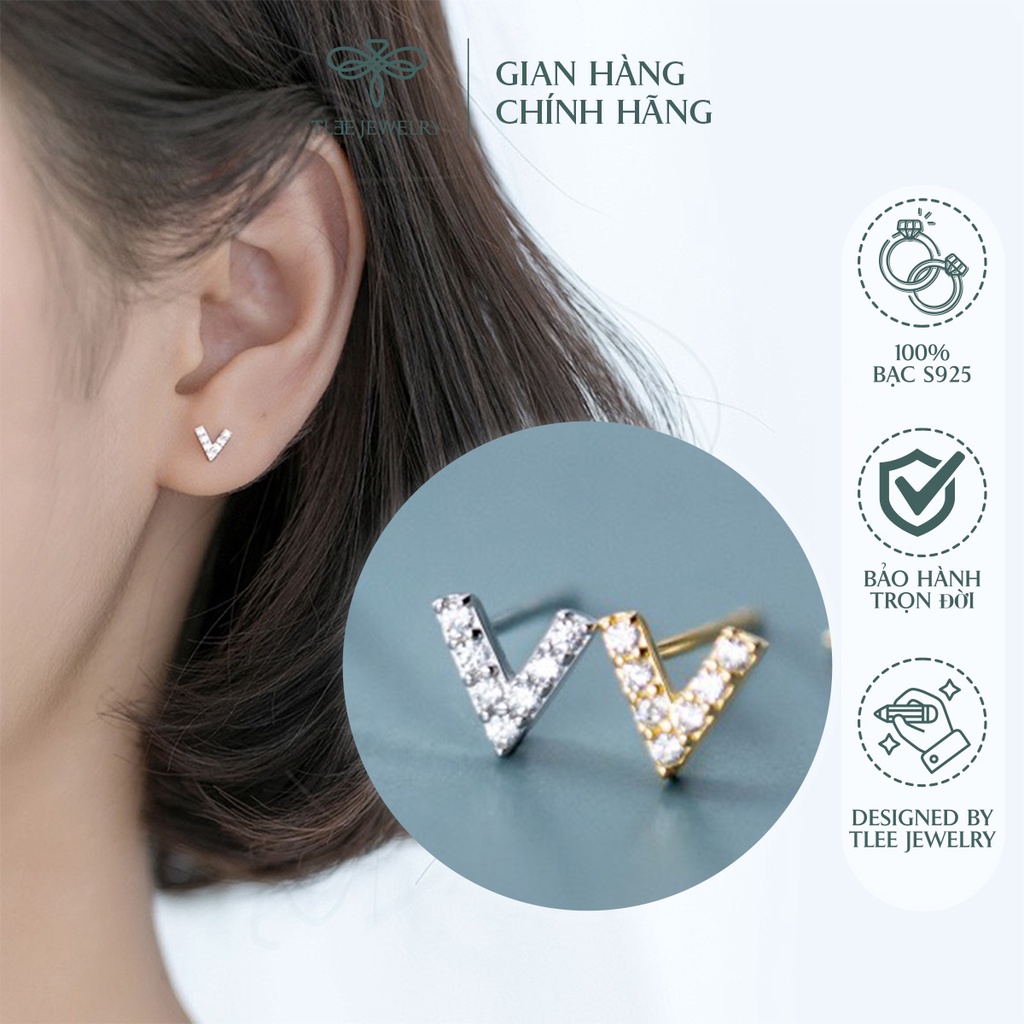 Khuyên tai bạc nữ TLEE chữ V nạm đá mini xinh xắn NCJ B0135